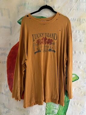 90s Lucky Brand Mustard Yellow Distressed Long Sleeve Graphic Tee